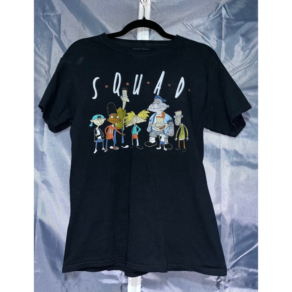 Vintage Style Nickelodeon Hey Arnold S.Q.U.A.D. Black Graphic T-Shirt Size Small